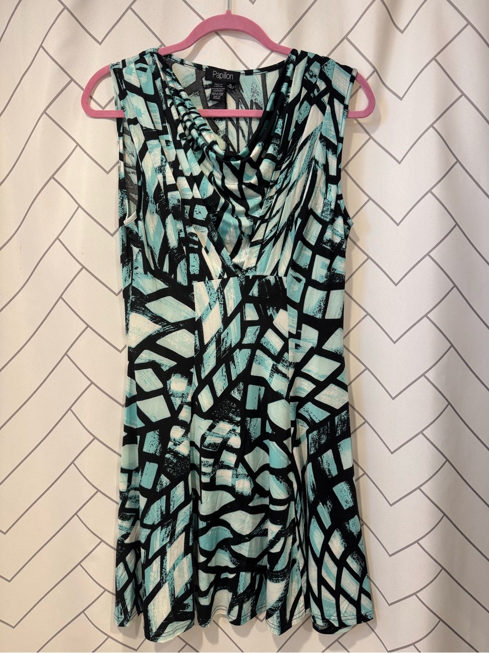 Papillon Blanc Aqua & Black Abstract Cowl Neck Dress